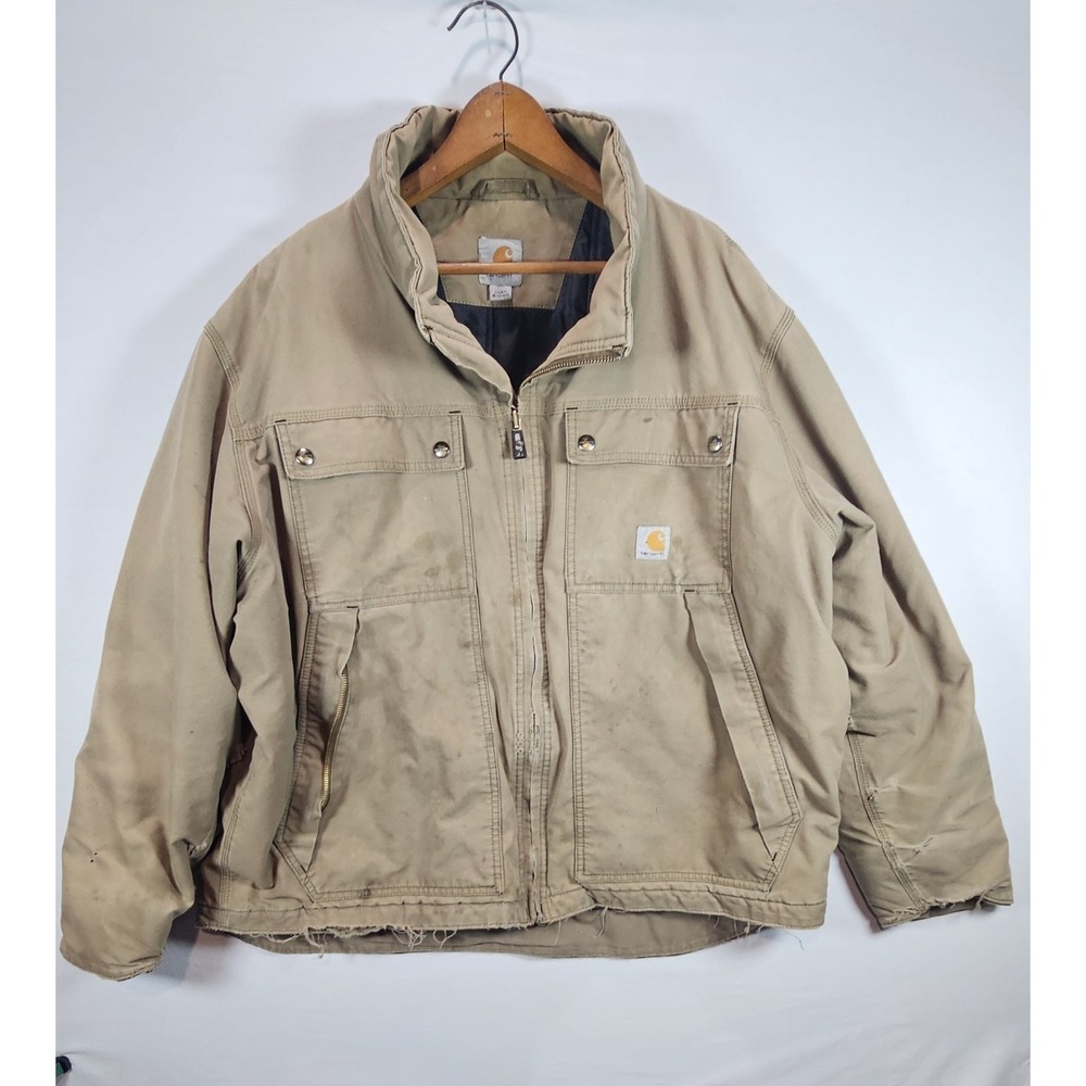 Carhartt 2XL Tan Duck Work Jacket Distressed Zip Utility Coat